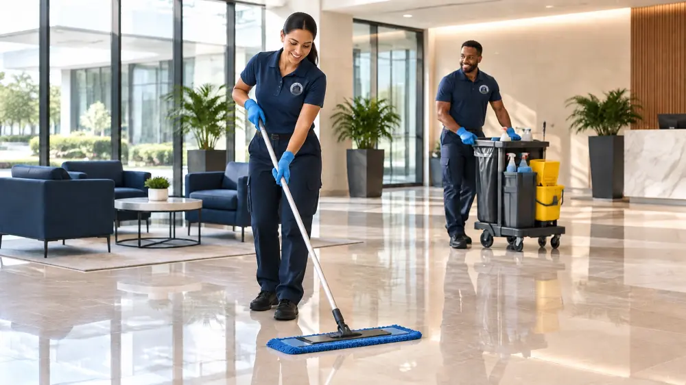 Professional cleaning team caring for a bright commercial office lobby