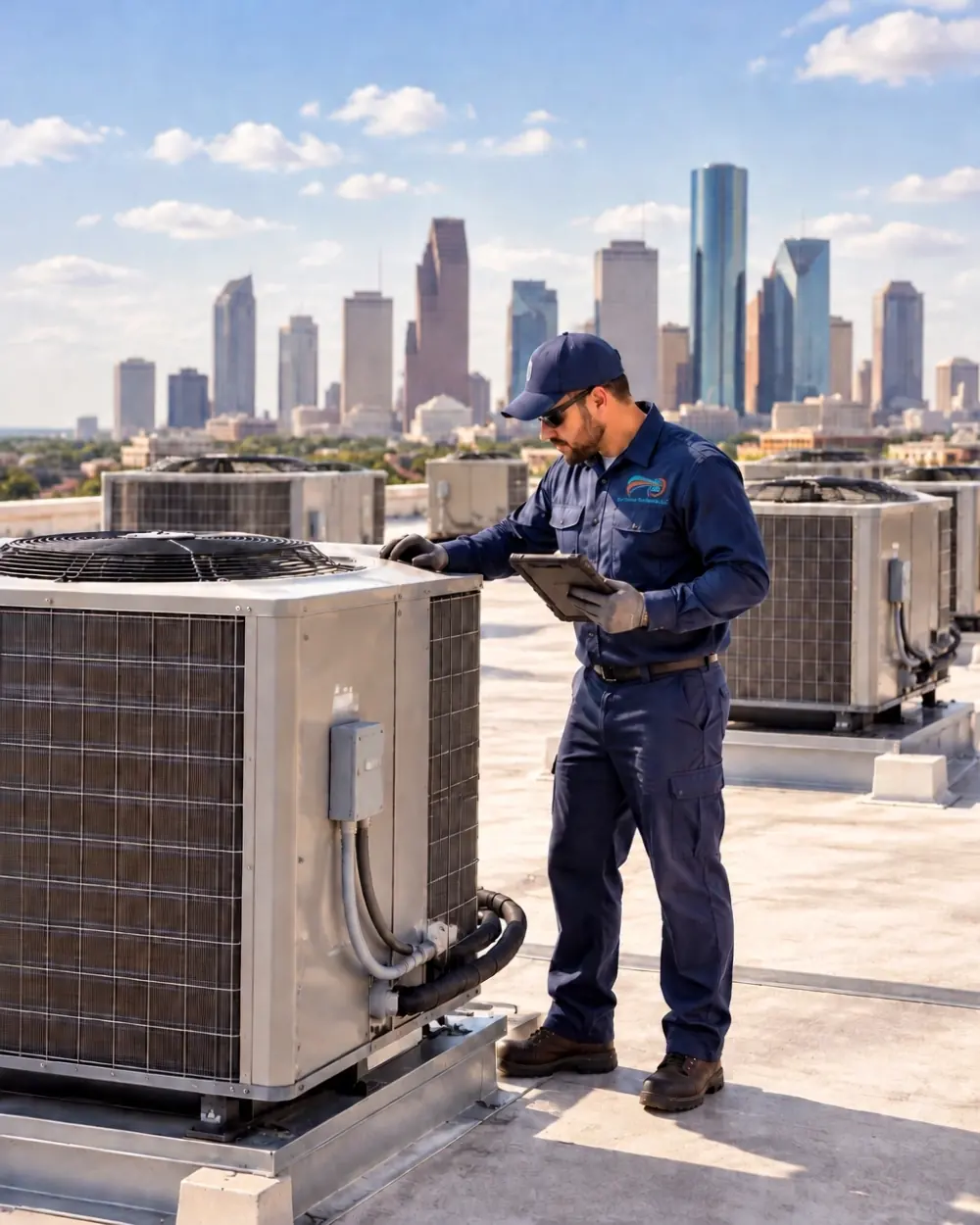 Technician inspecting commercial rooftop air-conditioning units