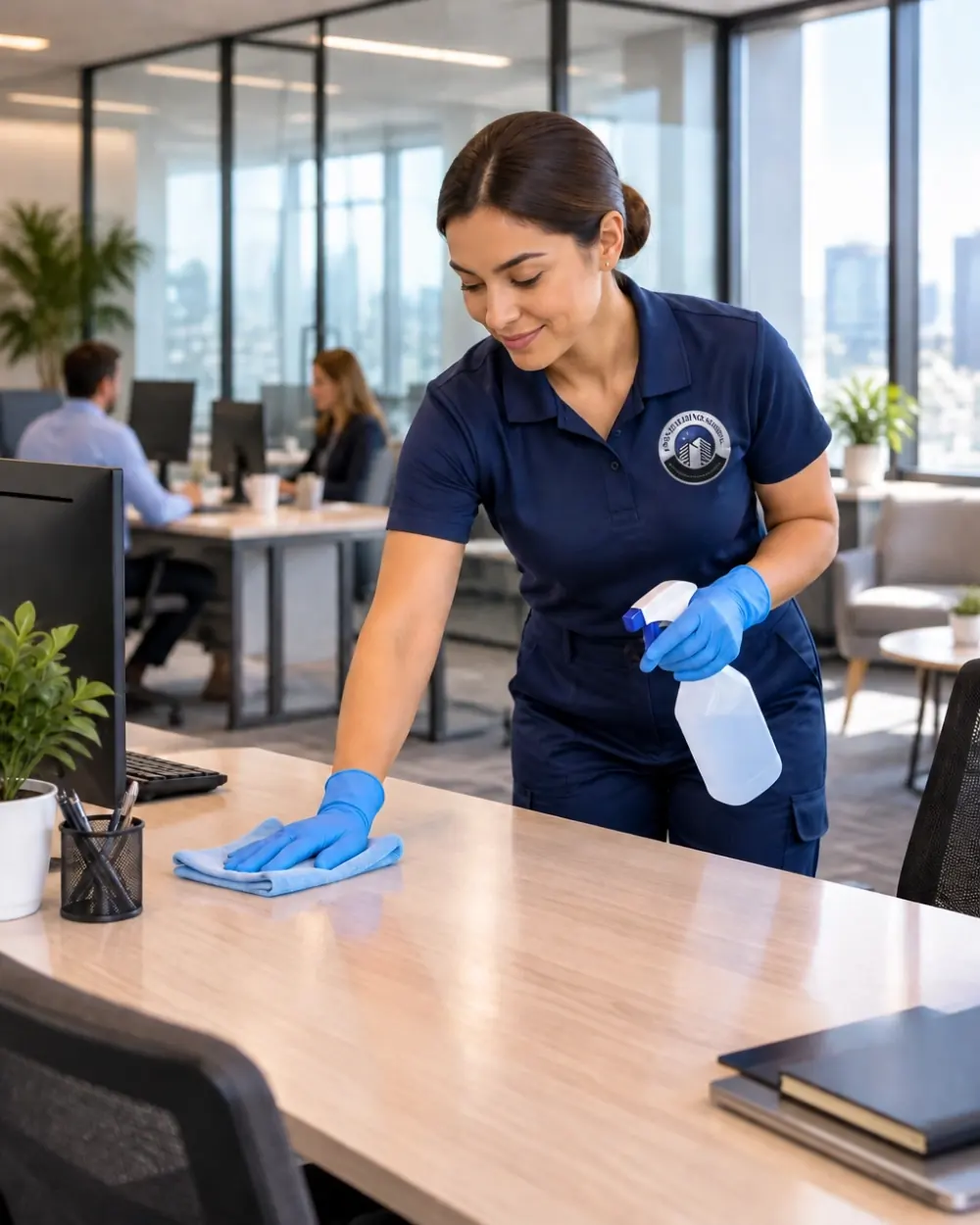 Professional cleaner wiping a desk in a modern office