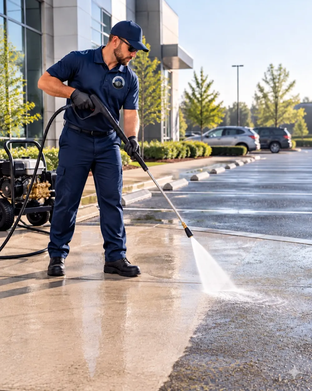 Technician pressure washing pavement in a commercial parking lot